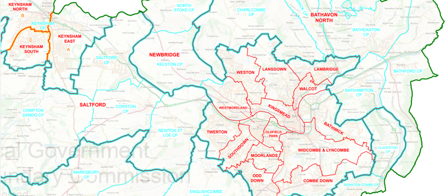 Map detail showing electoral boundaries for Bath & North East Somerset council