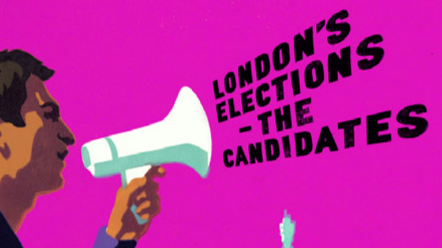 Detail from the cover of the 2004 London mayoral election booklet. A man with a megaphone.