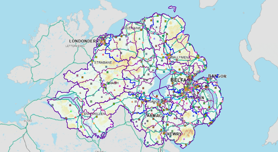 A map of Northern ireland, with coloured ballot boxes indicating the location of polling places.