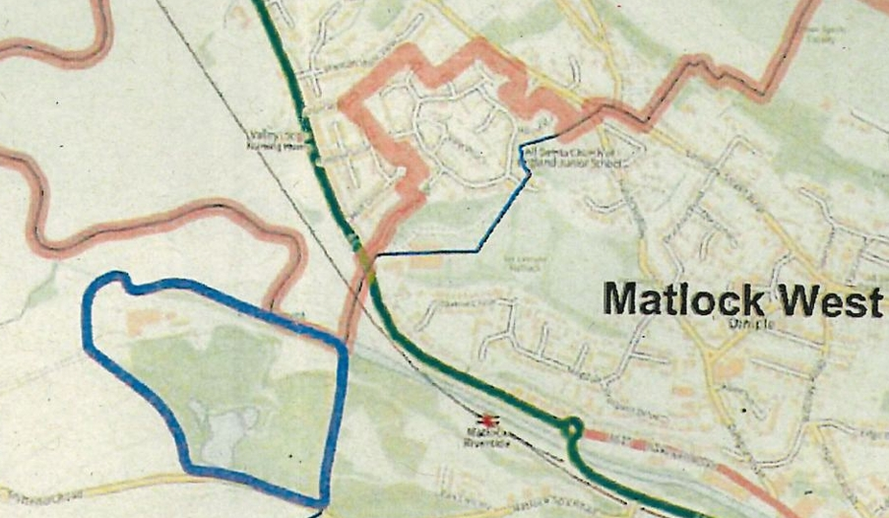 A pixelated map of Matlock, featuring a red boundary line thicker than the streets.