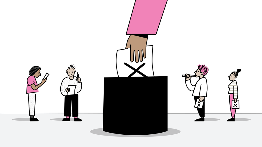 illustration: a hand placing a ballot in a ballot box