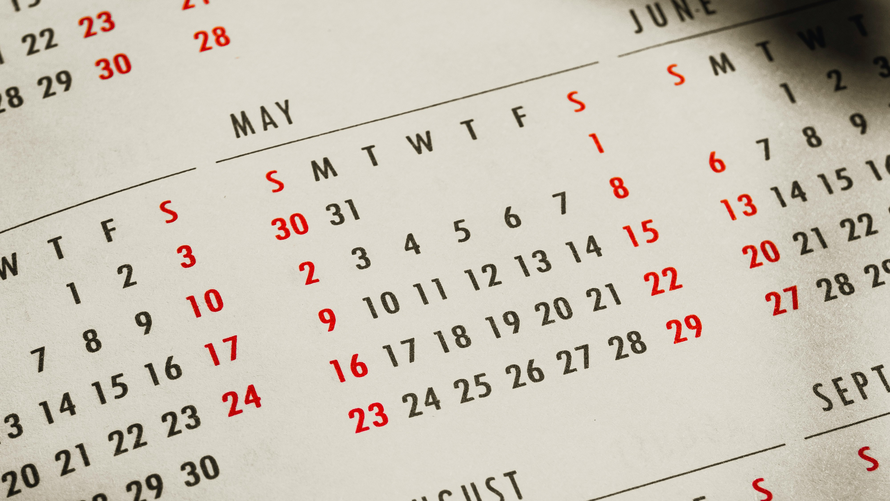 Photograph of a calendar centred on the month of May.