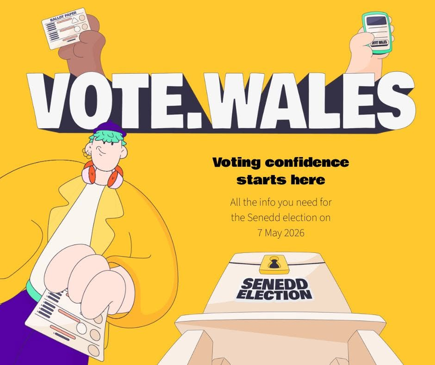 A cartoon person dropping a ballot into a box marked 'Senedd Election'