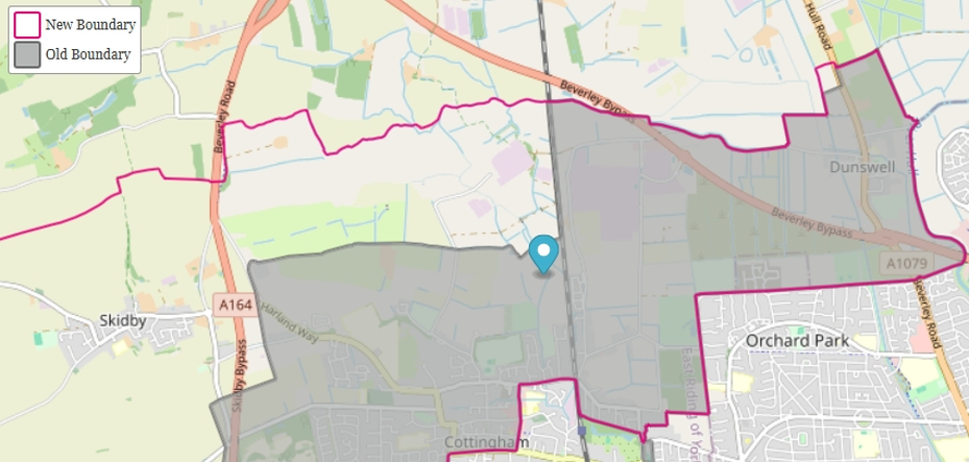 Map of Skidby and Cottingham in North Yorkshire, showing the old and new boundaries of a ward