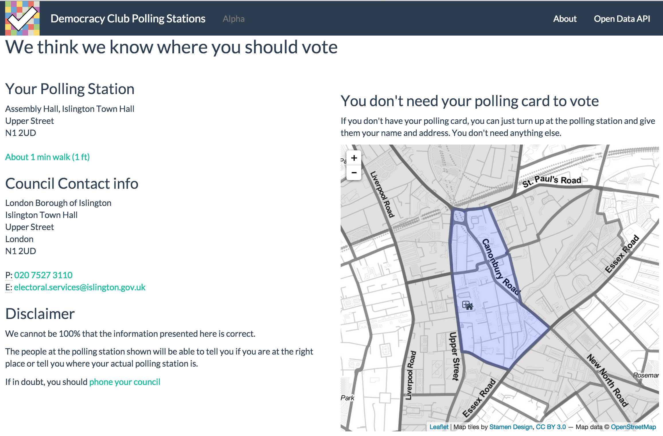 screen shot of the Democracy Club Polling Station Finder