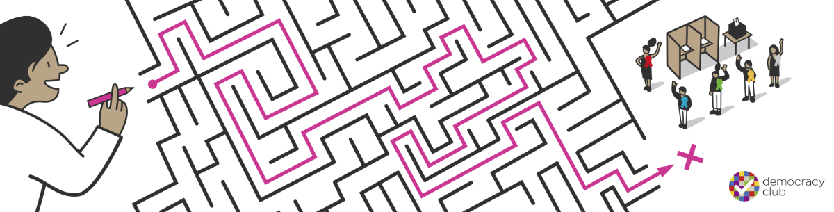 Maze illustration with a voter at the beginning and the poll at the end