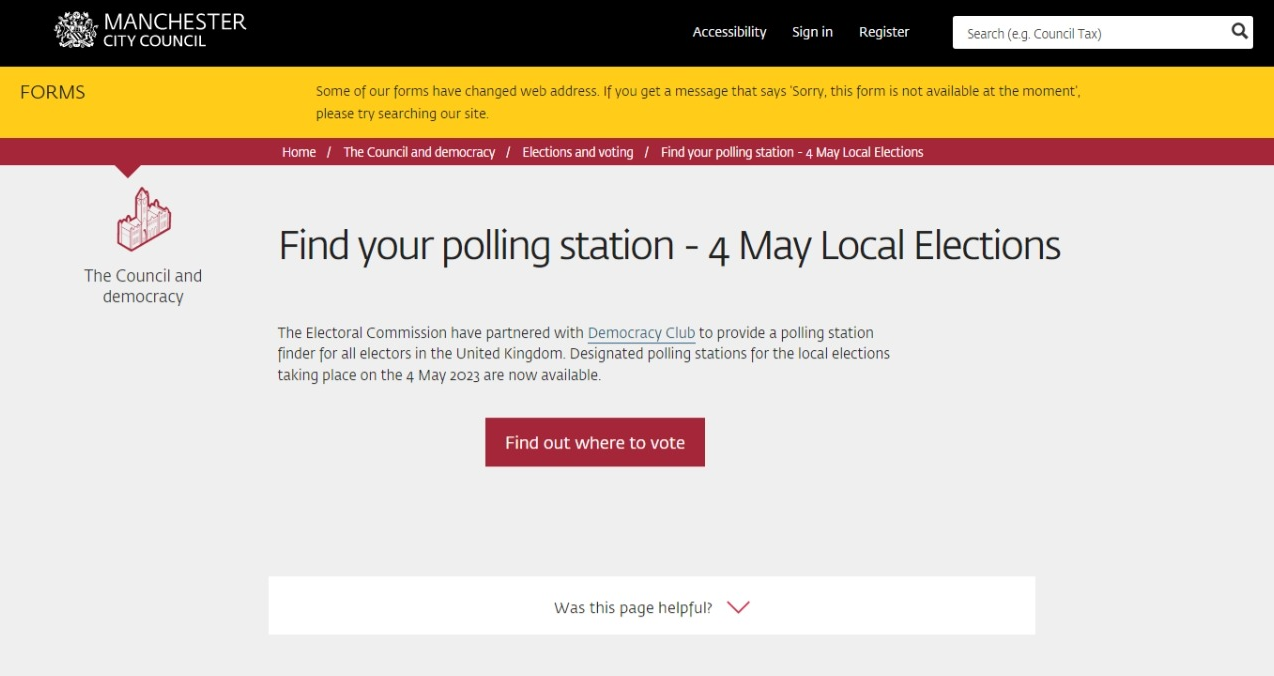 Link to WhereDoIVote.co.uk on Manchester Council’s website. 
