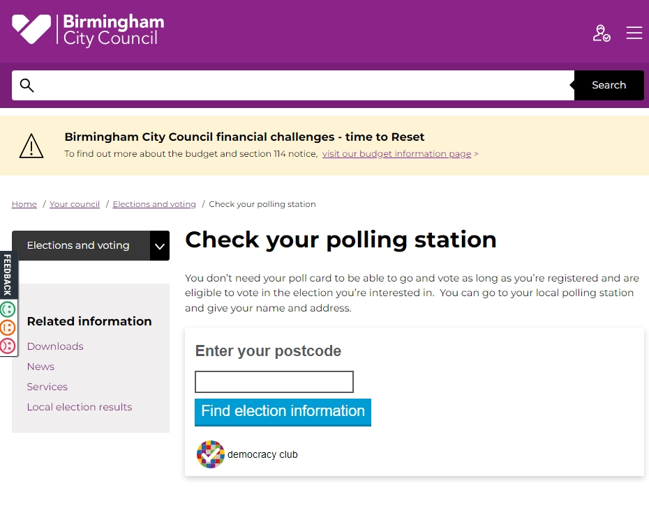 Postcode lookup widget on Birmingham City Council website