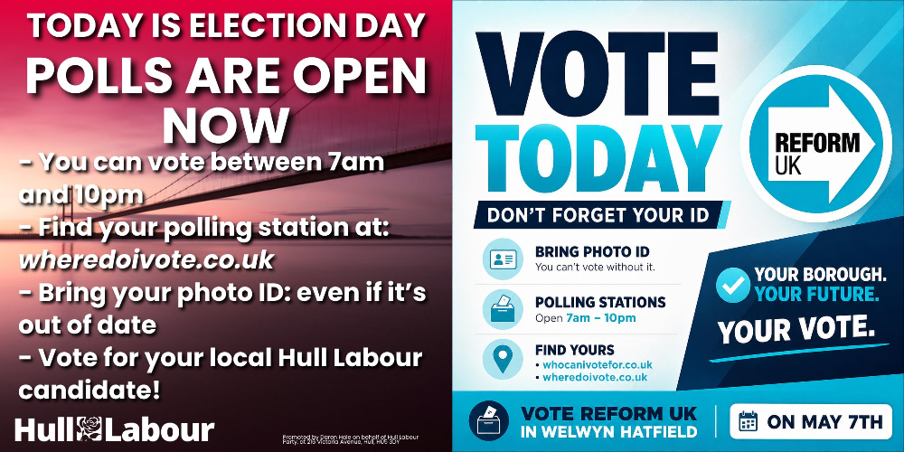 Political party social media graphics promoting WhoCanIVoteFor and WhereDoIVote.