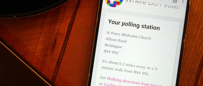 A screenshot of WhereDoIVote.co.uk showing a polling station in Cardiff